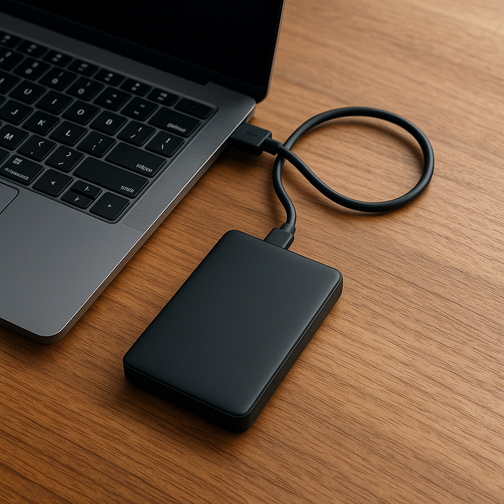 Disque externe branché à un ordinateur portable pour la sauvegarde